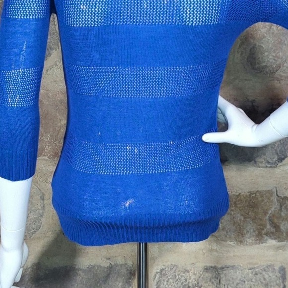 T/O Blue Cardigan Sweater Sheer Striped‎ 3/4 Sleeve Y2K Woman's Size Small - Picture 6 of 11